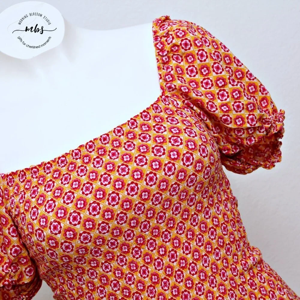 L*SPACE Simone Floral Square‎ Neck Short Sleeve Smocked High Low Maxi Dress - Picture 14 of 16